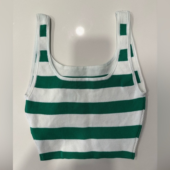 Babaton Sculpt Knit Square Neck Green and White Striped Tank Top - Picture 6 of 6